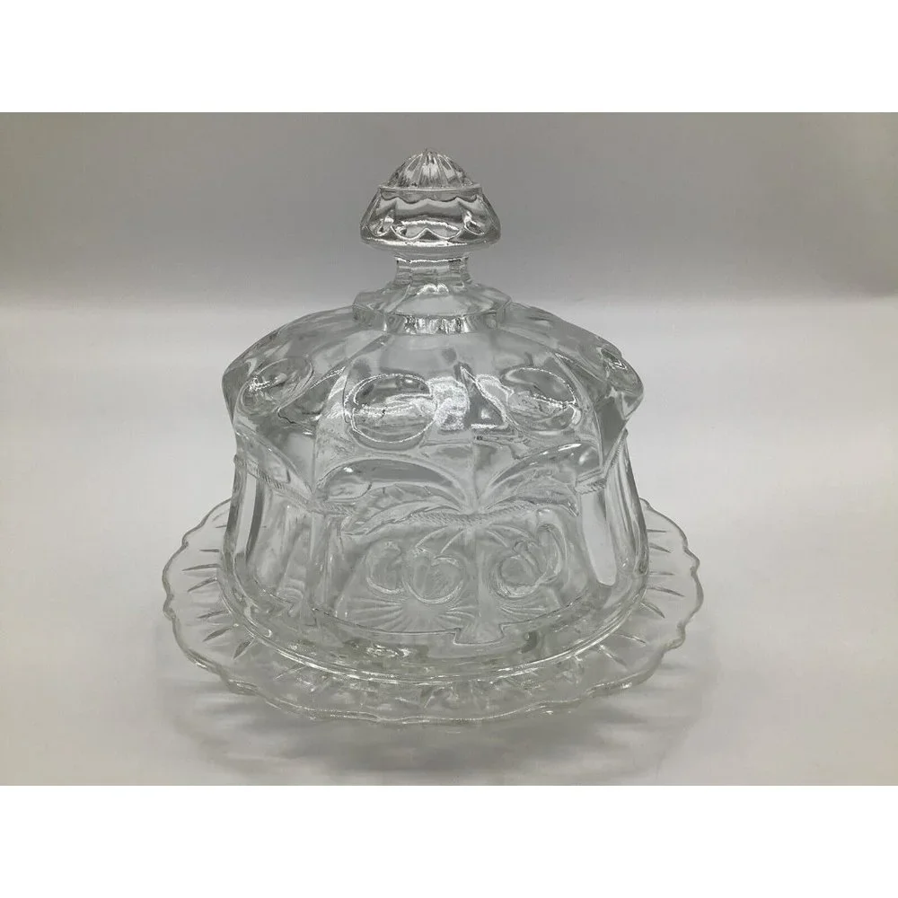 Mosser Clear Pressed Glass Round European Style Covered Butter Dish